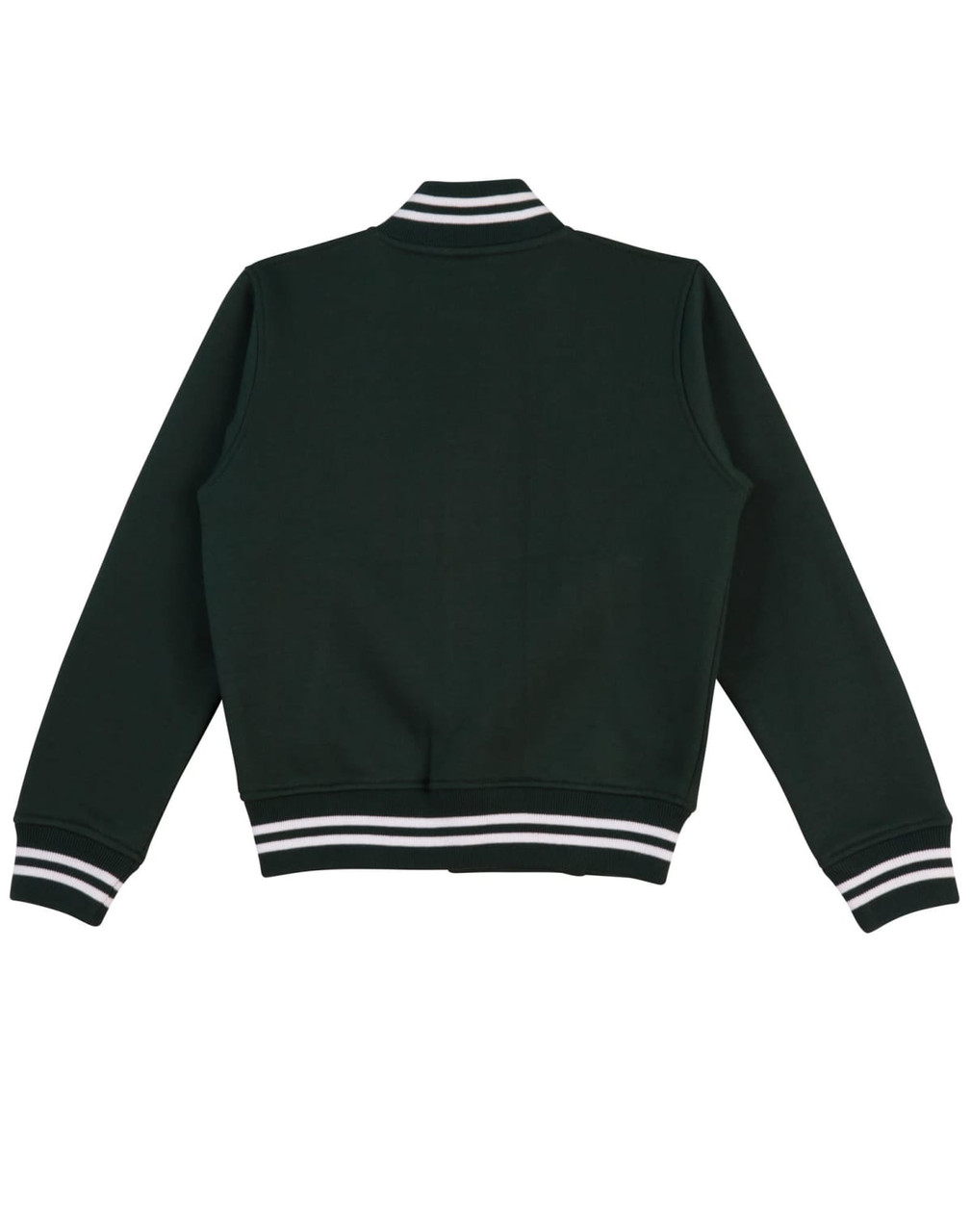A navy green kids' fleece varsity jacket with striped cuffs and collar, featuring a branding logo.