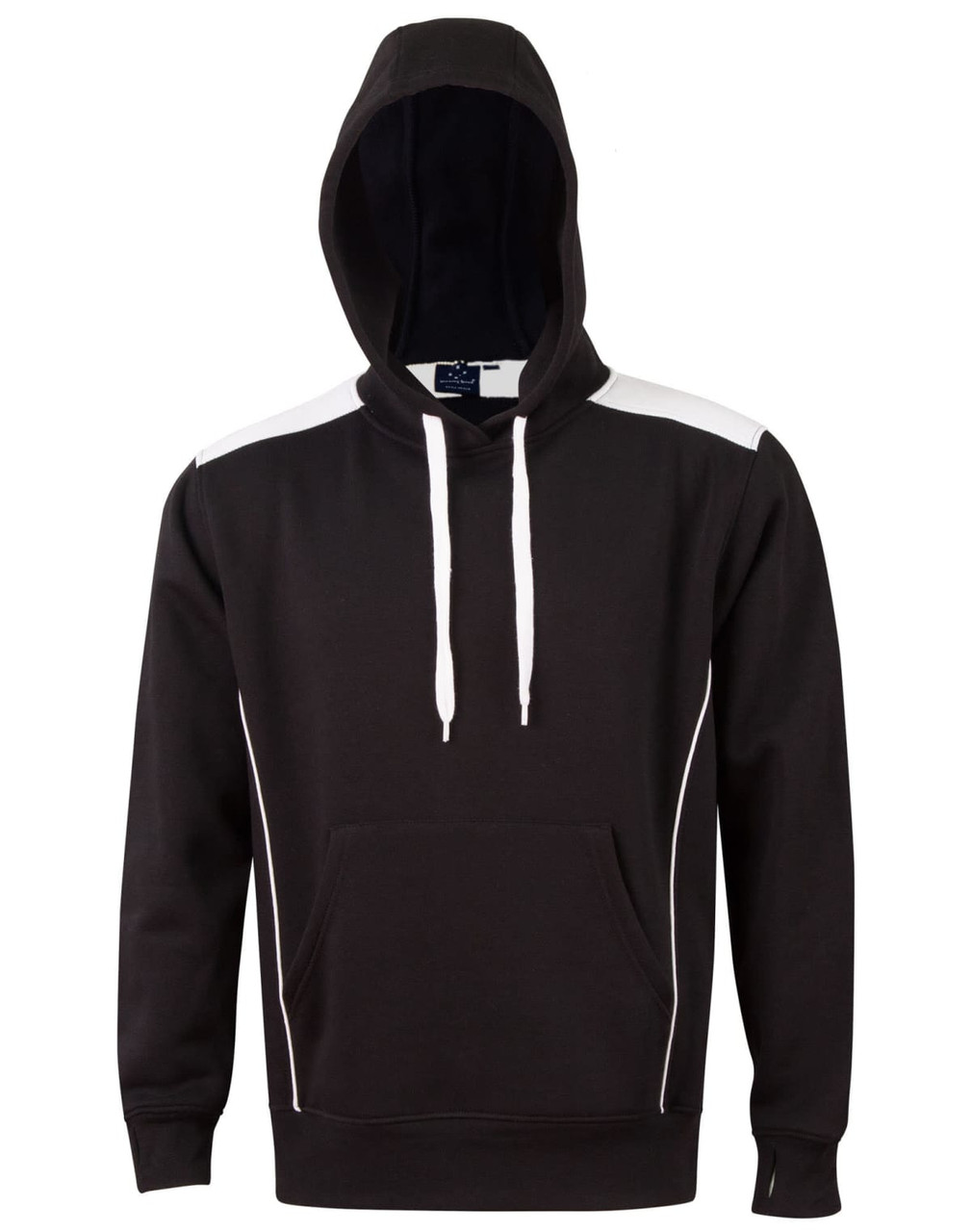 A black hoodie with contrast white detailing and a kangaroo pocket, featuring a hood and drawstrings.