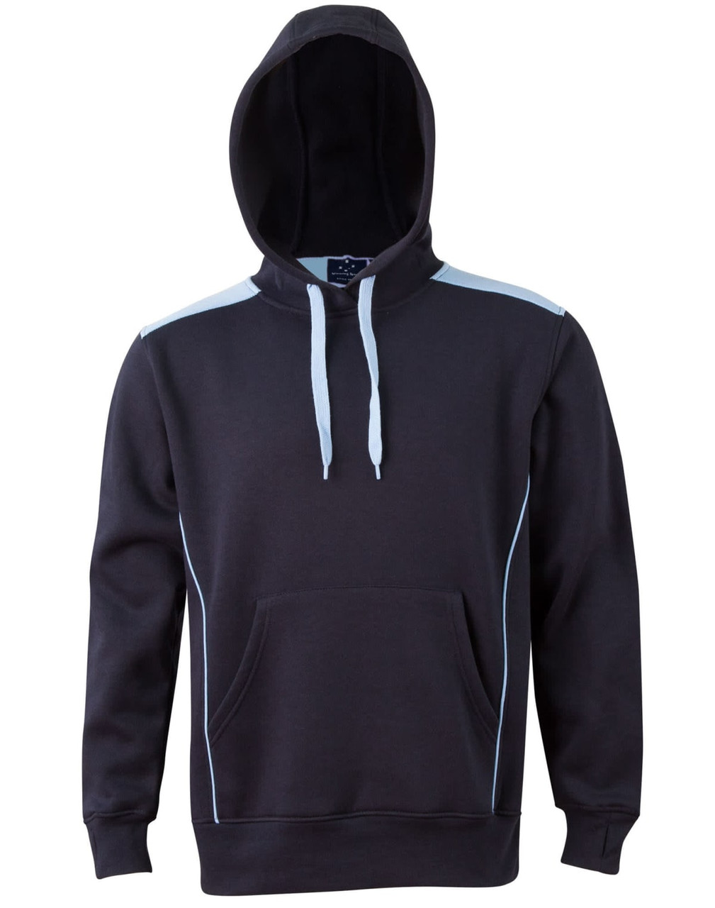 A black hoodie with a contrasting light blue design, featuring a kangaroo pocket and a hood. It has a logo.