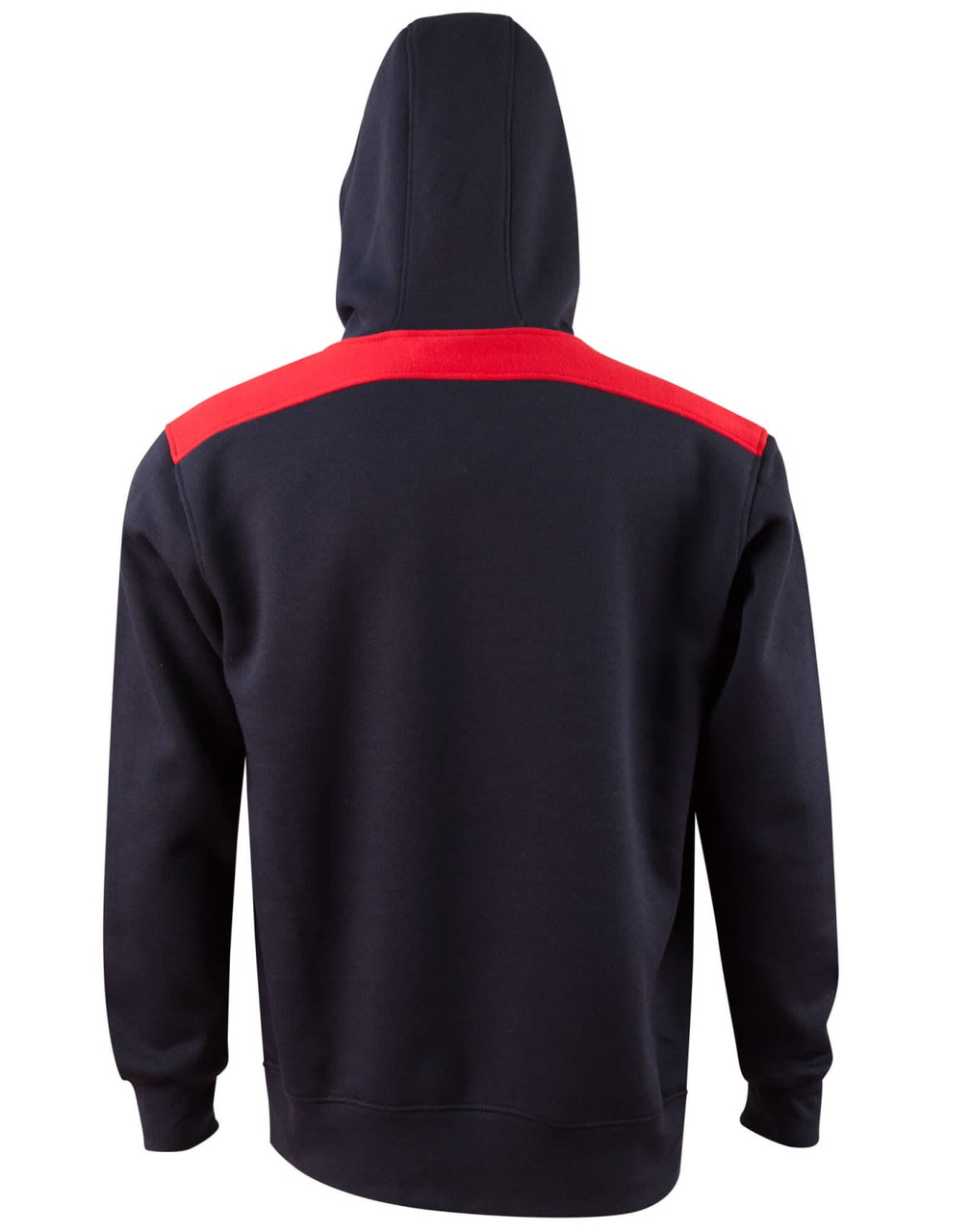 A navy hoodie with a contrasting red panel across the shoulders and a hood. It features a logo.