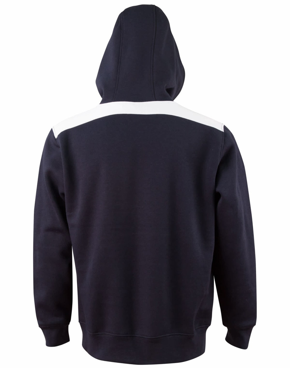 A navy blue hoodie with a white contrast panel on the shoulders and a kangaroo pocket at the front.