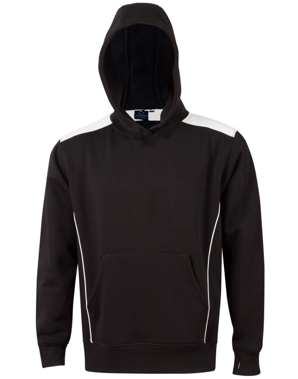 A black hoodie featuring white contrast details and a kangaroo pocket. It has a hood and includes a logo.