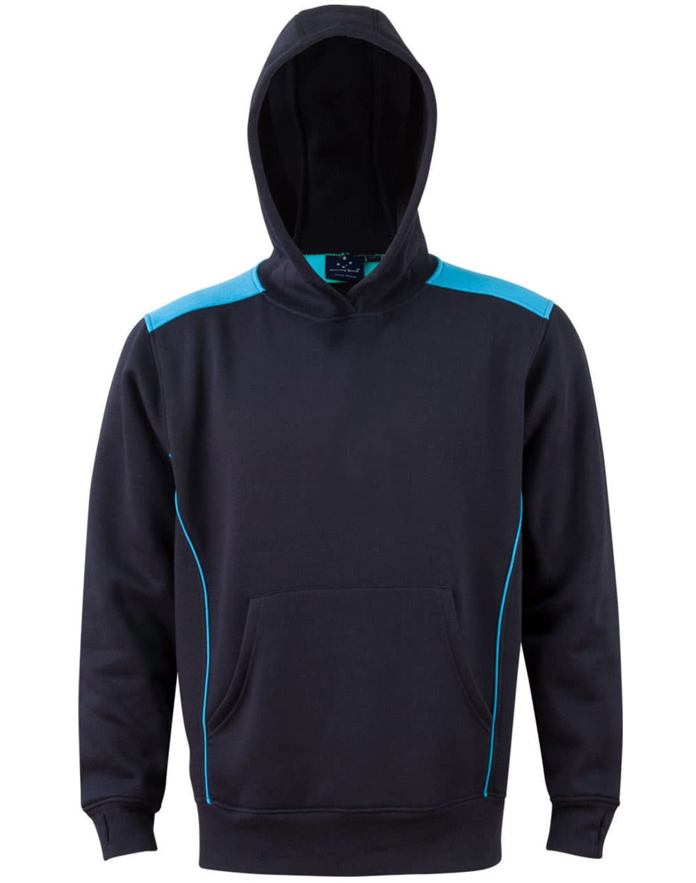 A black hoodie featuring contrast turquoise detailing and a kangaroo pocket, designed for kids.