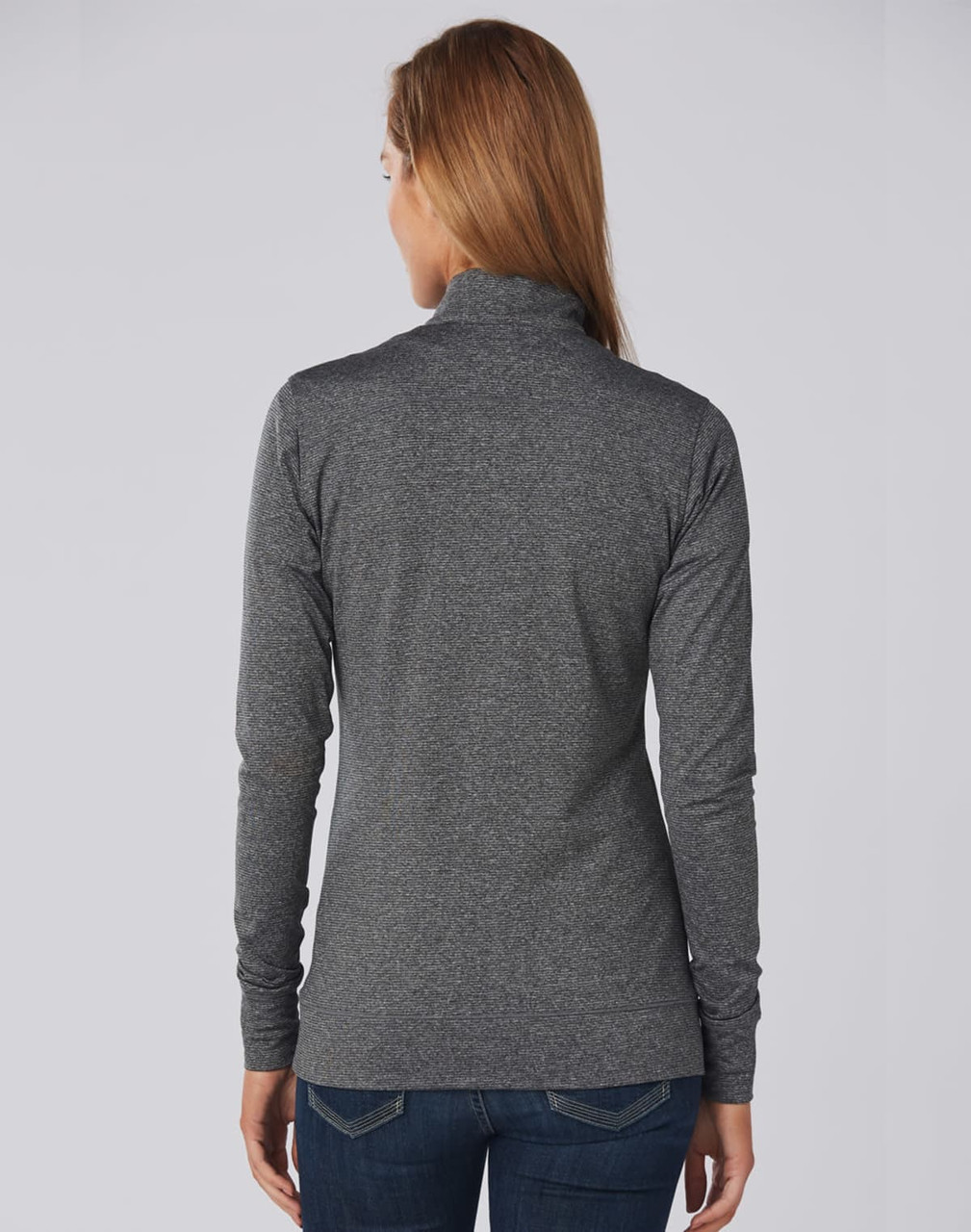 A grey ladies' half zip long sleeve sweat top with a fitted design, featuring a collar and long sleeves.