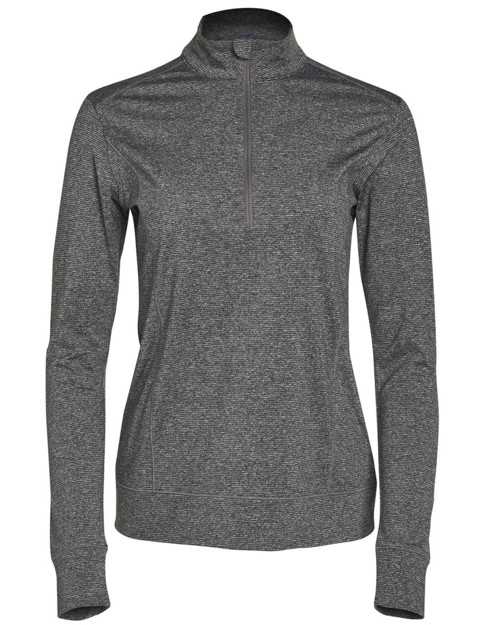 A ladies' half zip long sleeve sweat top in a dark grey colour with a logo. Suitable for casual wear or layering.