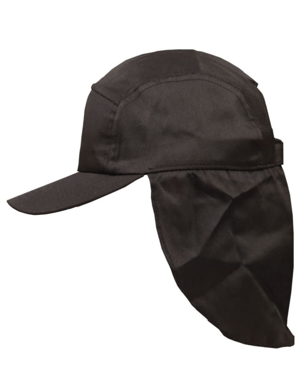 A black poly cotton legionnaire hat with a curved brim and a long, protective neck flap, featuring a logo.