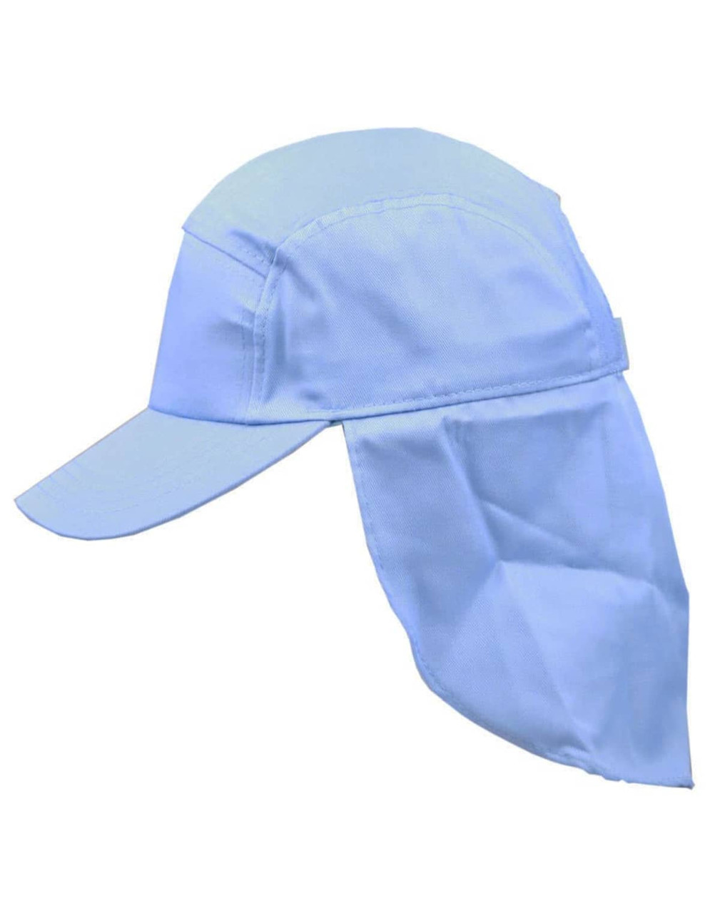 A light blue poly cotton legionnaire hat with a wide peak and a protective flap at the back, featuring a logo.