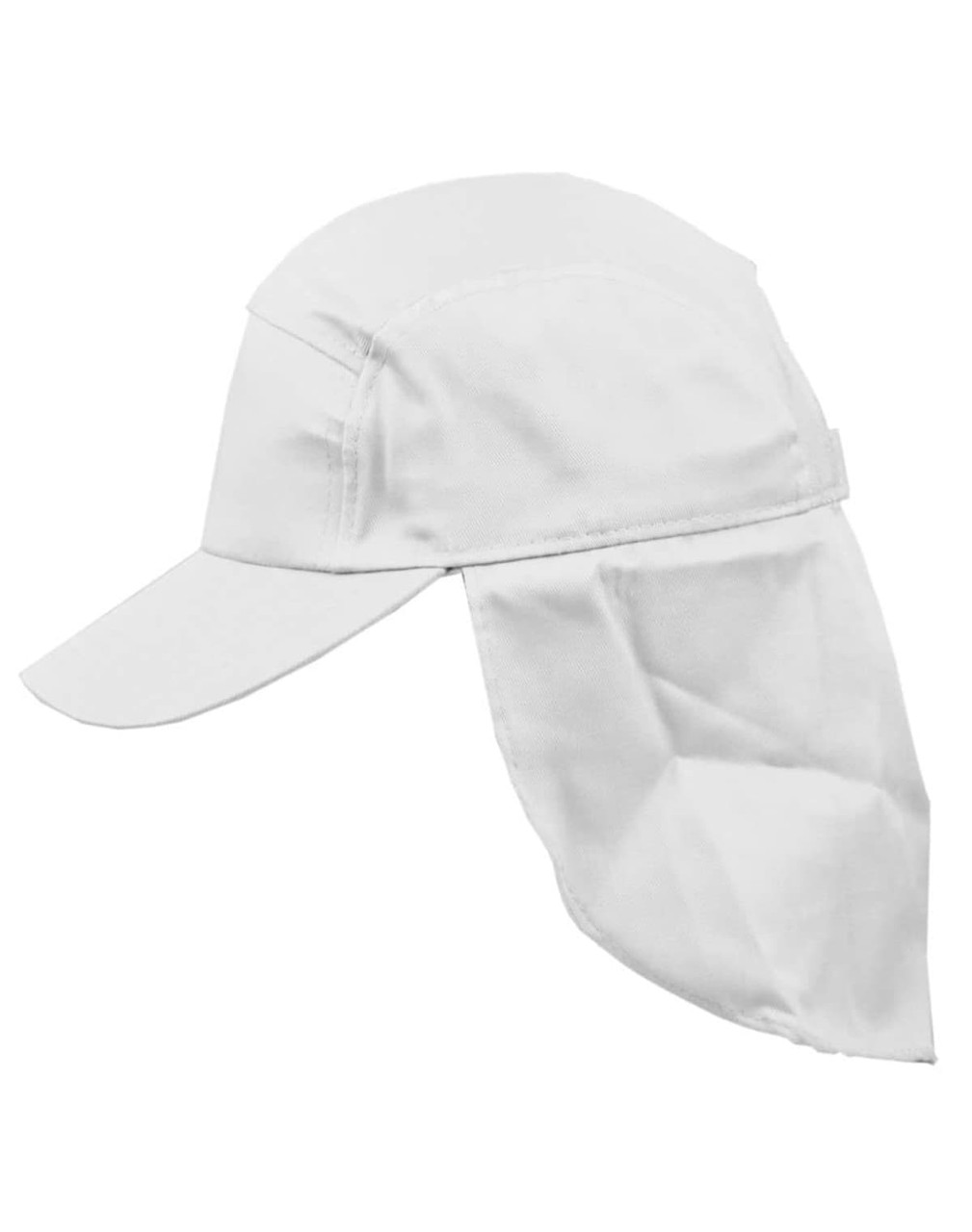 A white poly cotton legionnaire hat with a long neck flap and a curved brim; includes a logo.