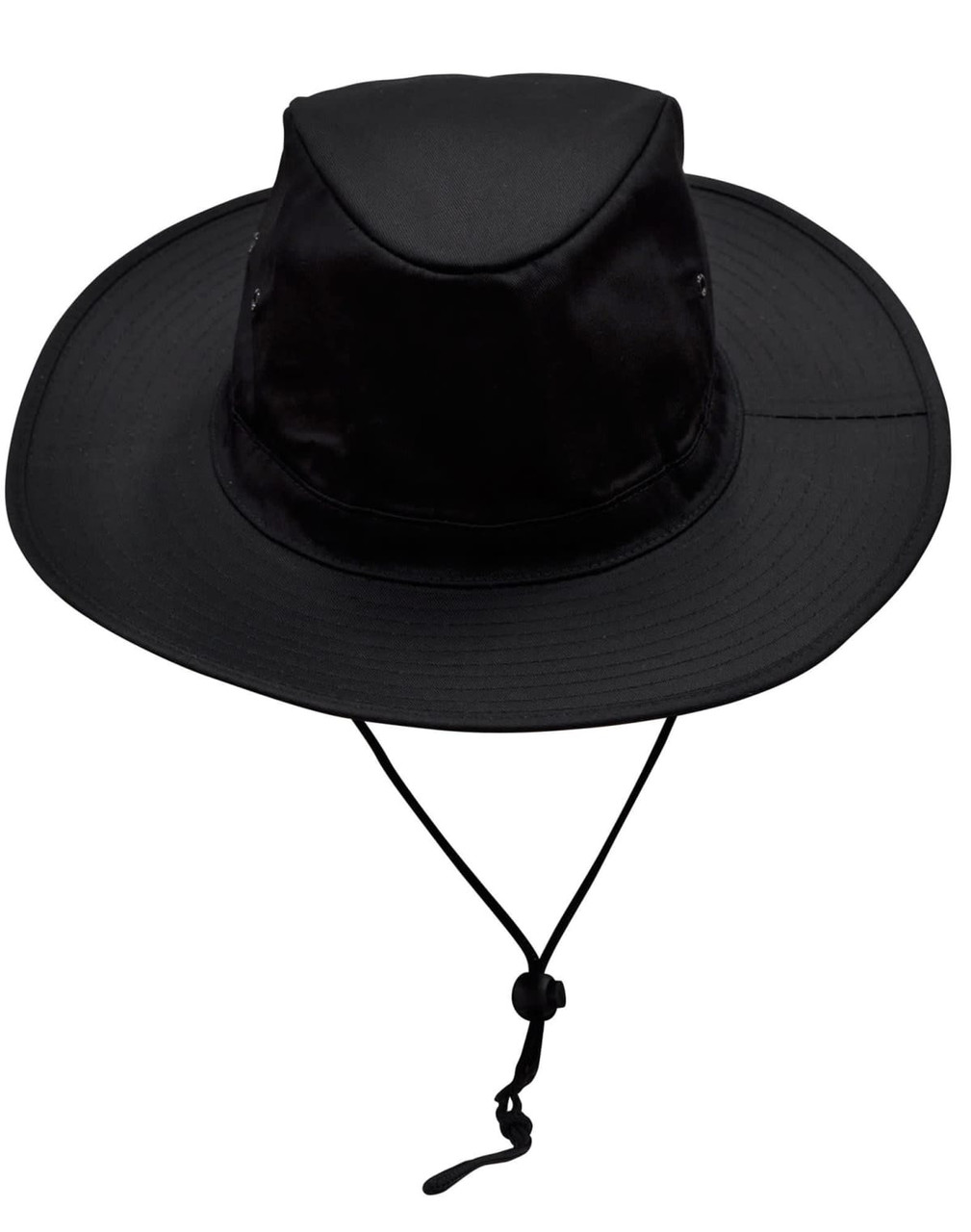 A black slouch hat with a wide brim and a break-away clip, featuring a cord for secure wear.