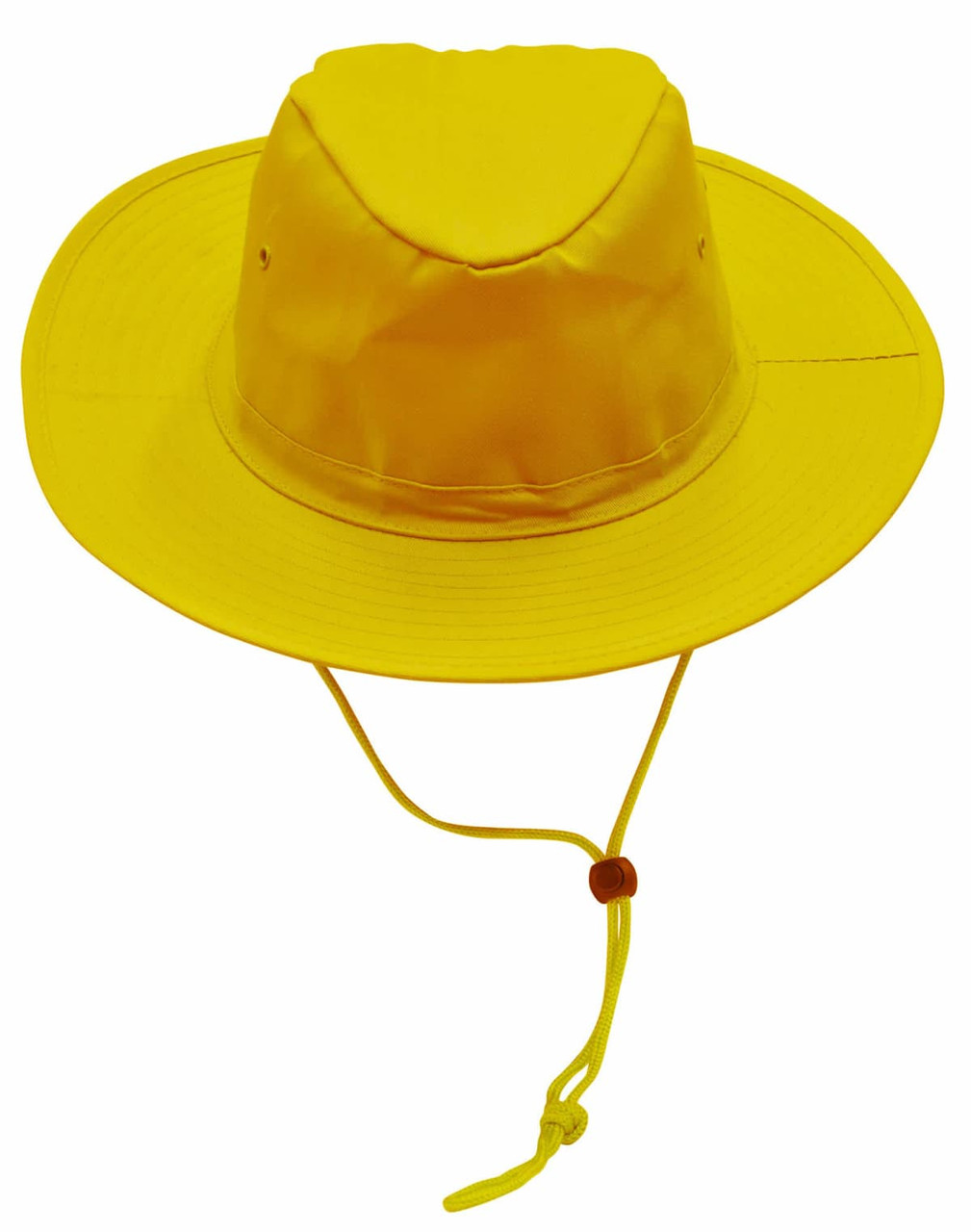 A yellow slouch hat with a wide brim and a break-away clip for secure fastening. It features a logo on the side.
