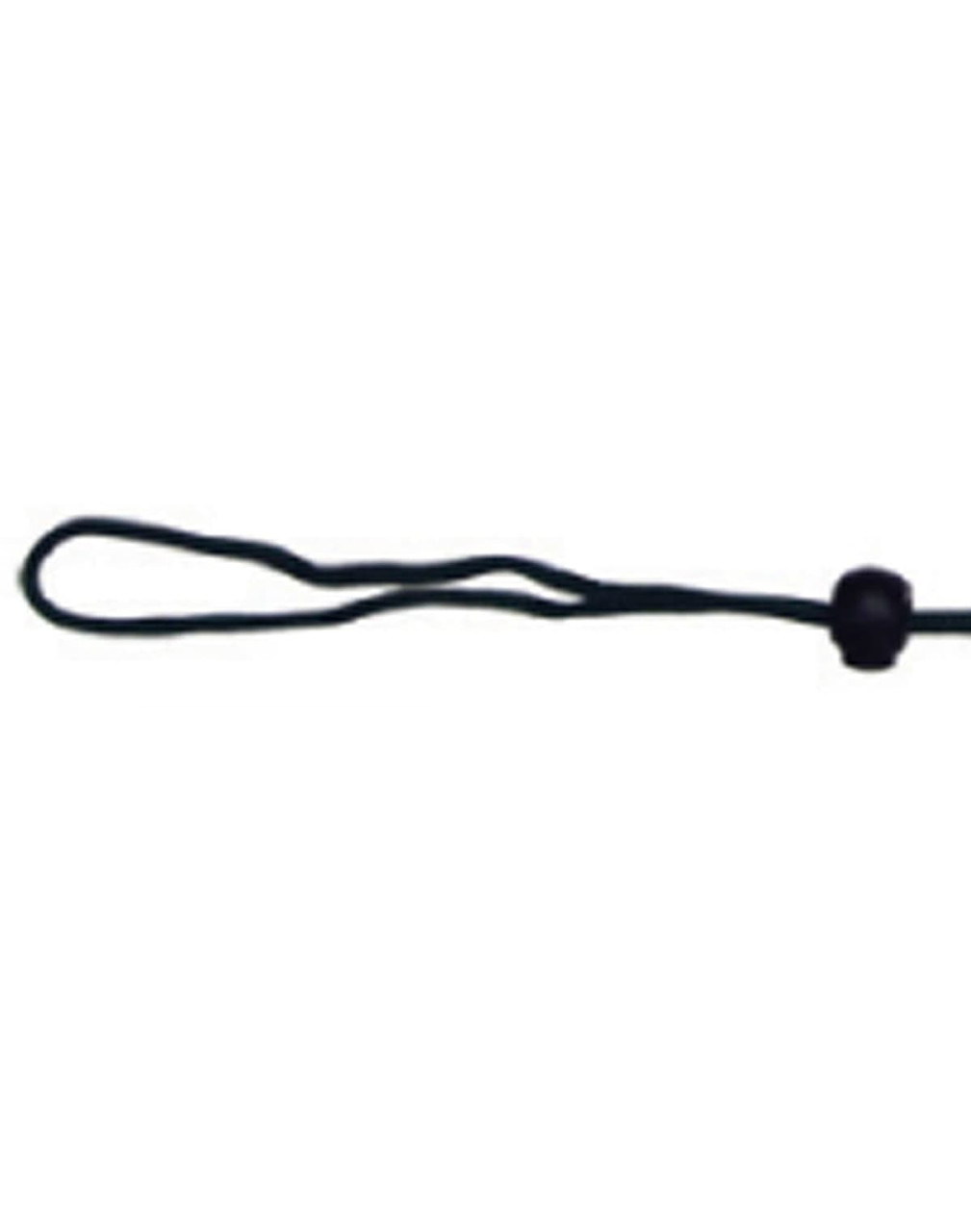 A black chin strap break-away clip with a looped end and a bead for adjustment.