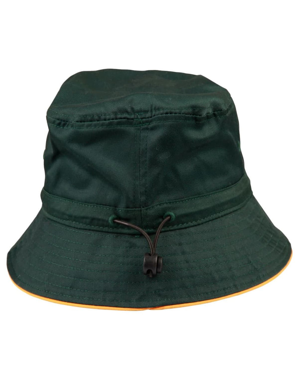 A green bucket hat with an adjustable toggle and an orange rim. It features a logo on the front.