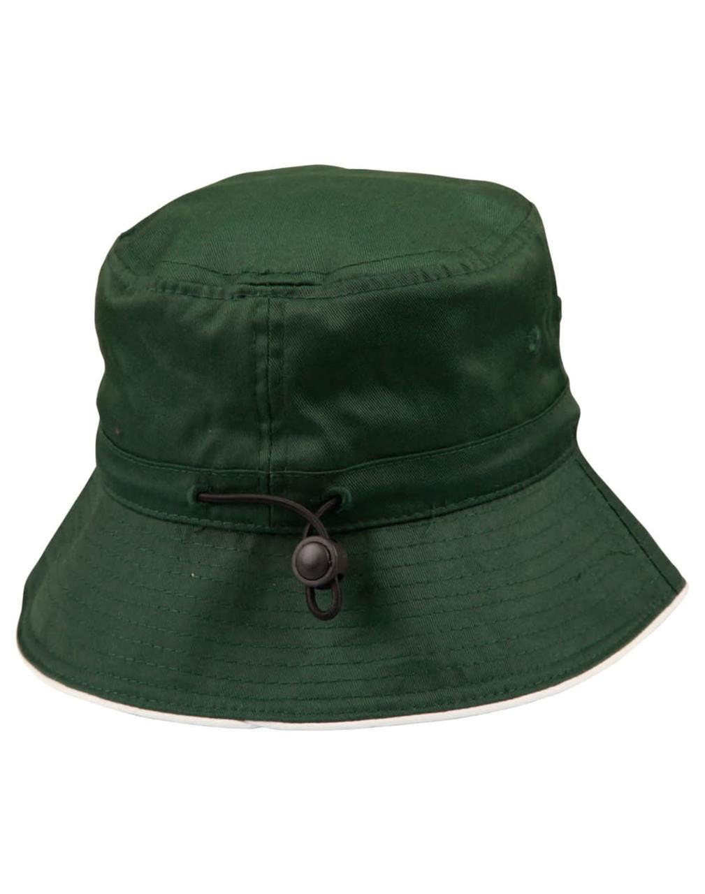 A green bucket hat featuring a toggle adjustment for a secure fit. The hat has a wide brim and seamless design.