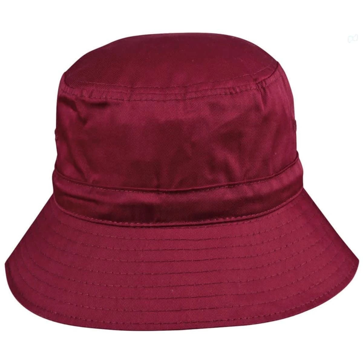 A maroon bucket hat with a wide brim and a toggle fastening, featuring a logo on the side.