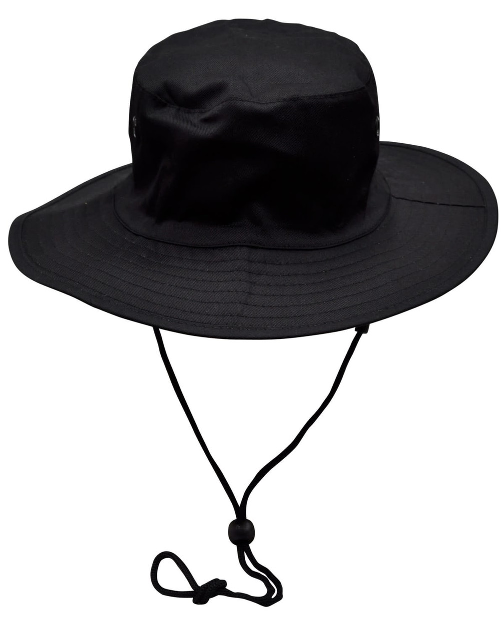A black surf hat with a wide brim and a clip-on chin strap, featuring ventilation eyelets.
