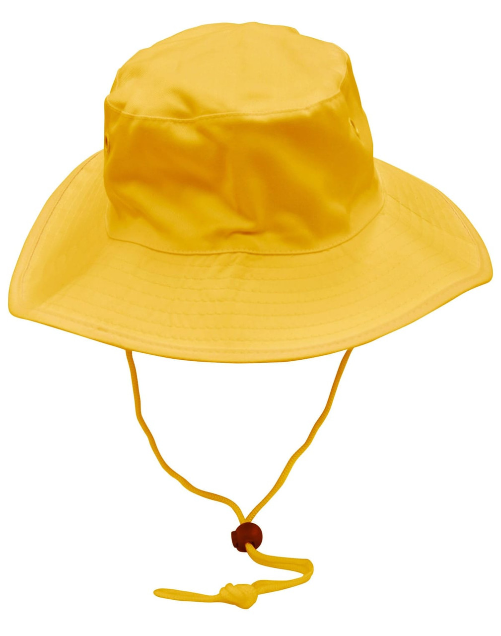 A yellow surf hat featuring a wide brim and a clip-on chin strap. It includes a logo.