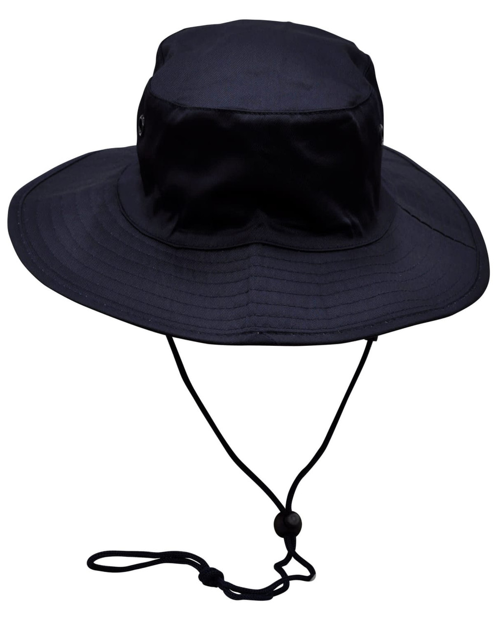 A navy blue surf hat with a wide brim and a clip-on chin strap, featuring buttons on the side.