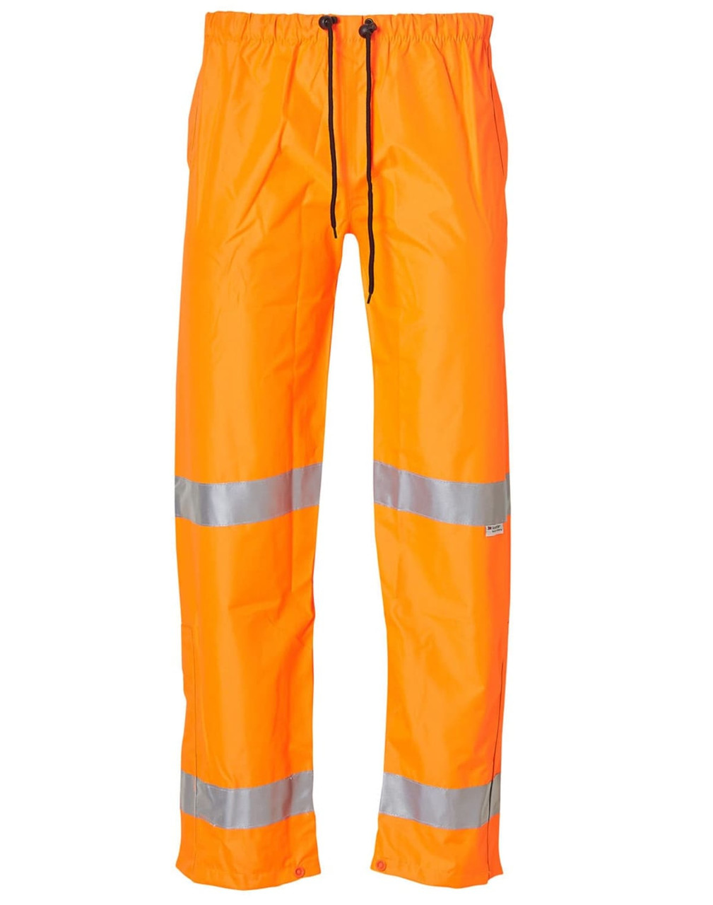 Hi-Vis safety pants in bright orange with reflective 3M tape details. Features an elastic drawstring waist and logo branding.