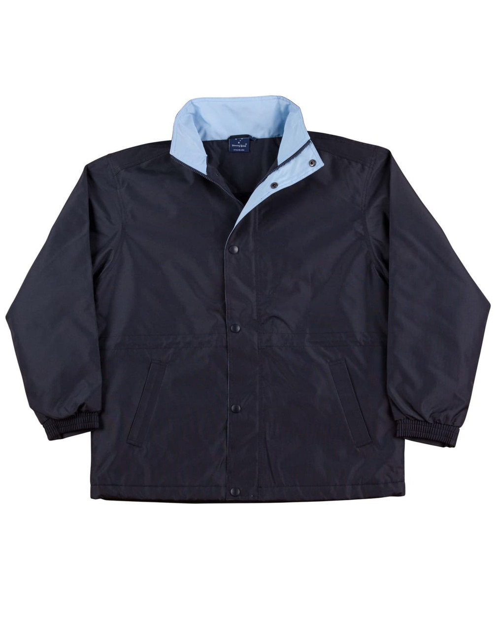 A black varsity jacket with a light blue collar and snap buttons, featuring side pockets and ribbed cuffs.