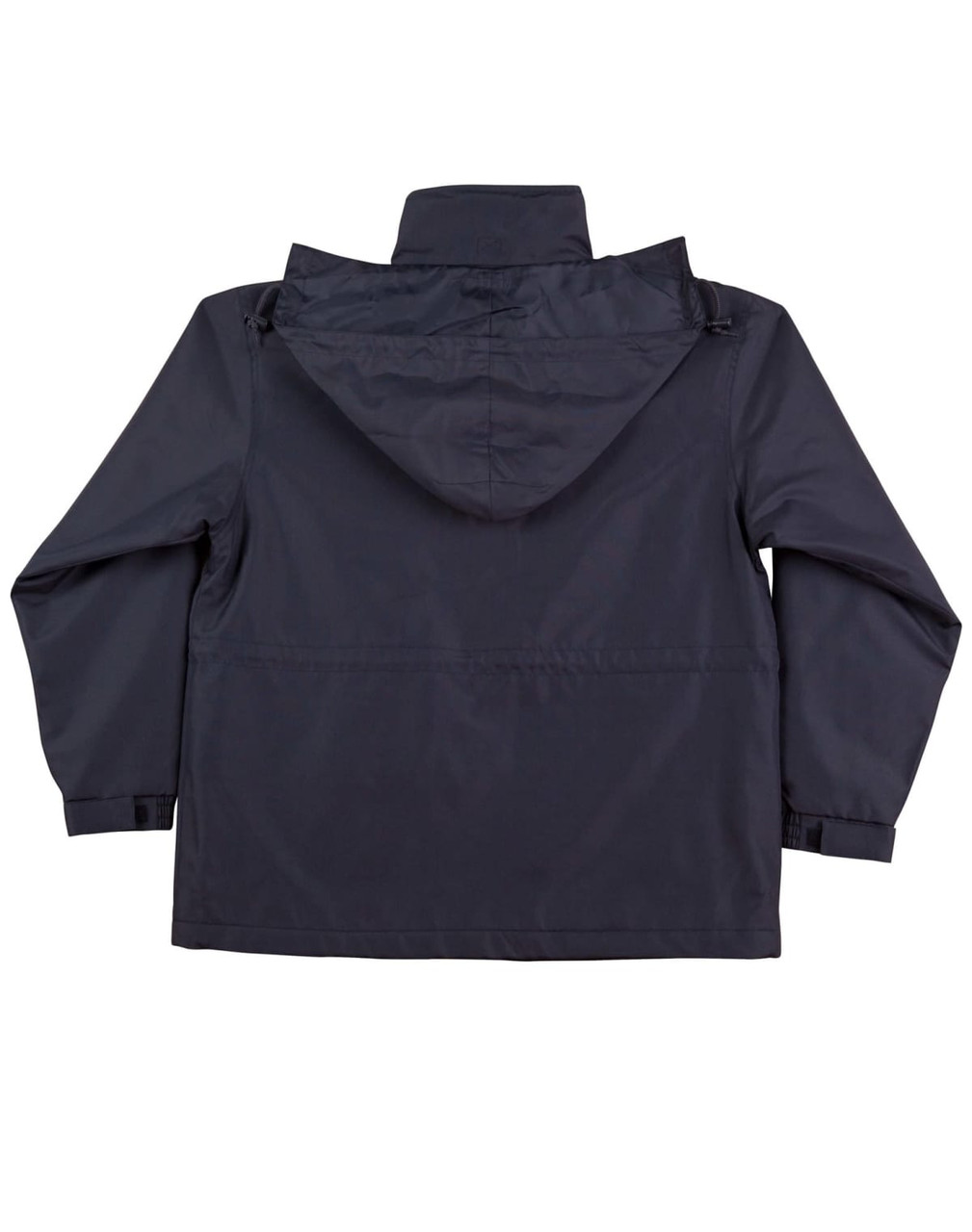 A navy jacket with a hood, featuring a simple design and a logo on the back.