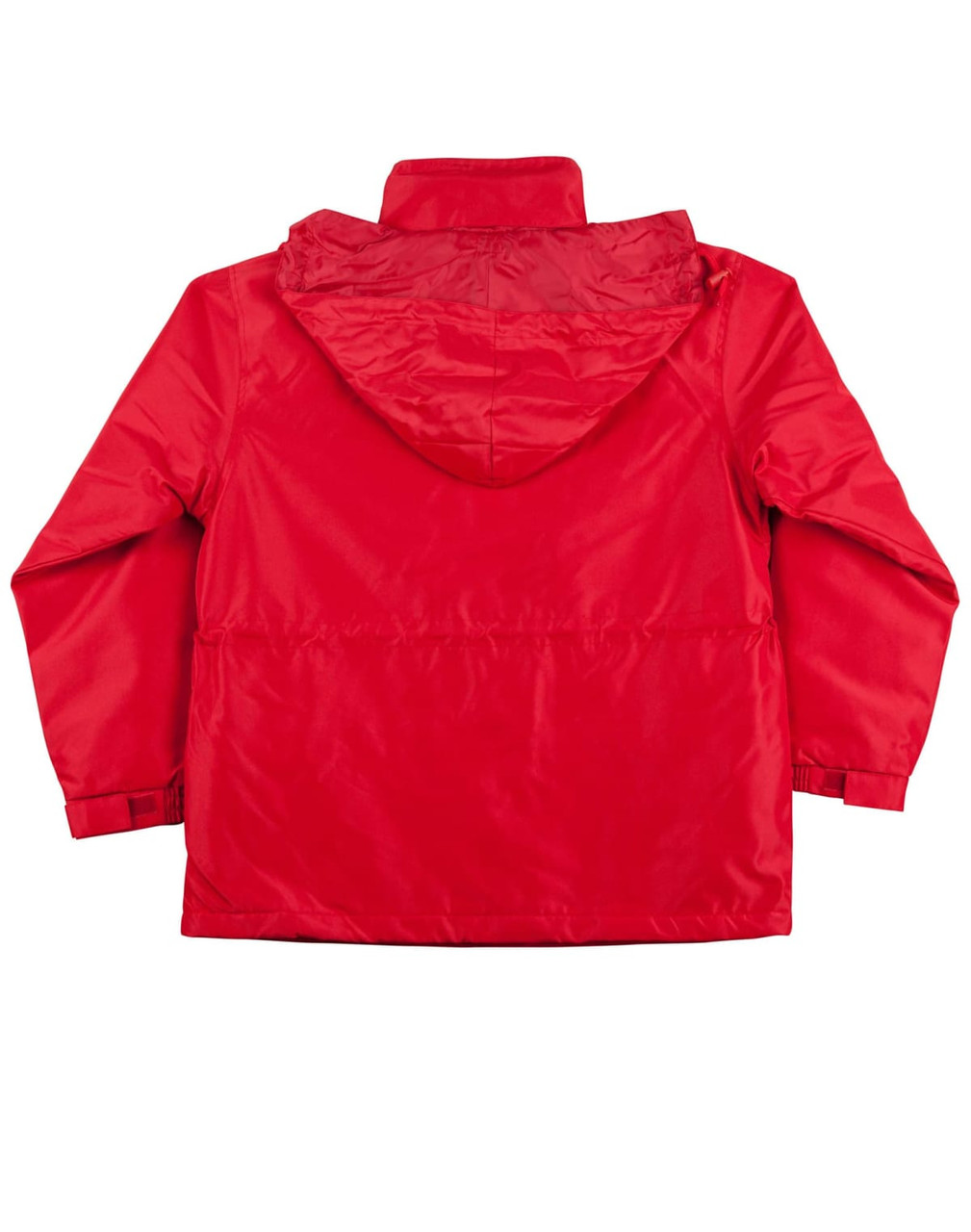A bright red varsity jacket with a hood, featuring a simple design and a branding logo.
