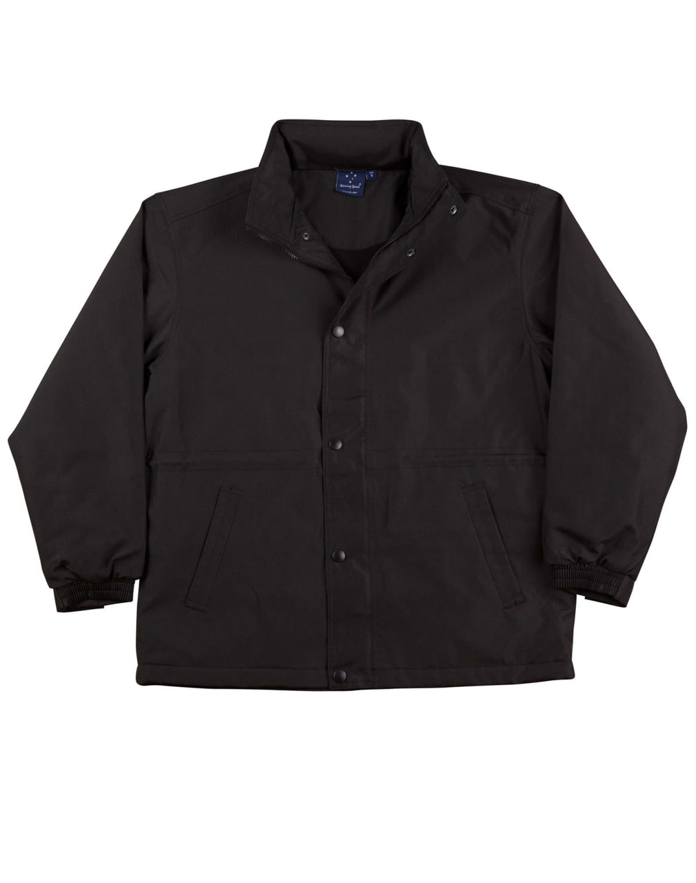 A black varsity jacket featuring a button-up front, side pockets, and elastic cuffs. Includes a logo.