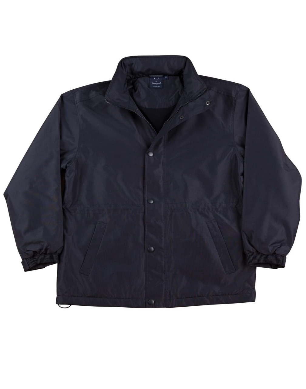A black varsity jacket with a contrast collar and cuffs. The jacket has a logo and is made from a smooth material.