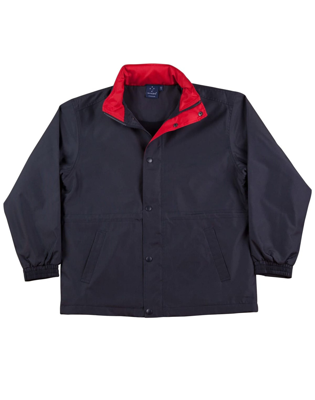 Kids' contrast jacket featuring a black exterior and a red collar, with a logo on the chest.