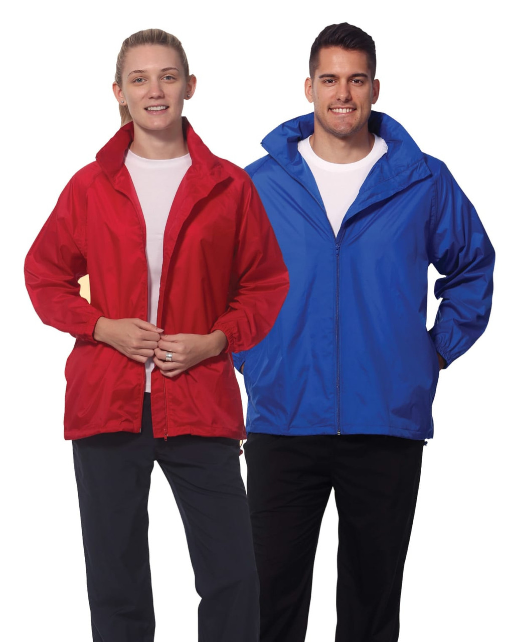 A red and a blue outdoor activity spray jacket, featuring zip fronts and hoods, displayed on male and female models.