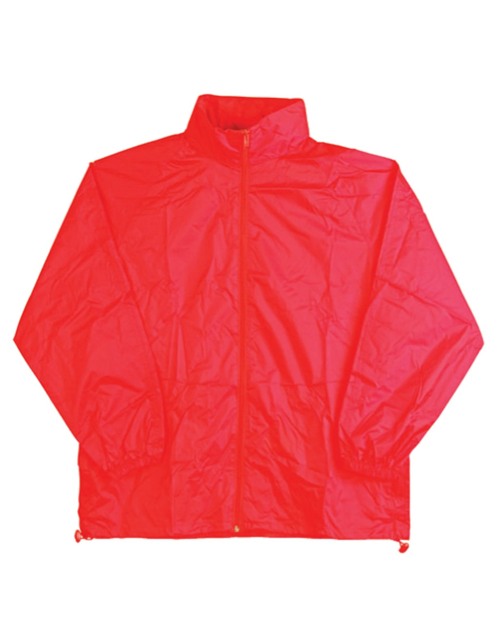 A red outdoor activity spray jacket featuring a full zip and a high collar, with an adjustable hem.
