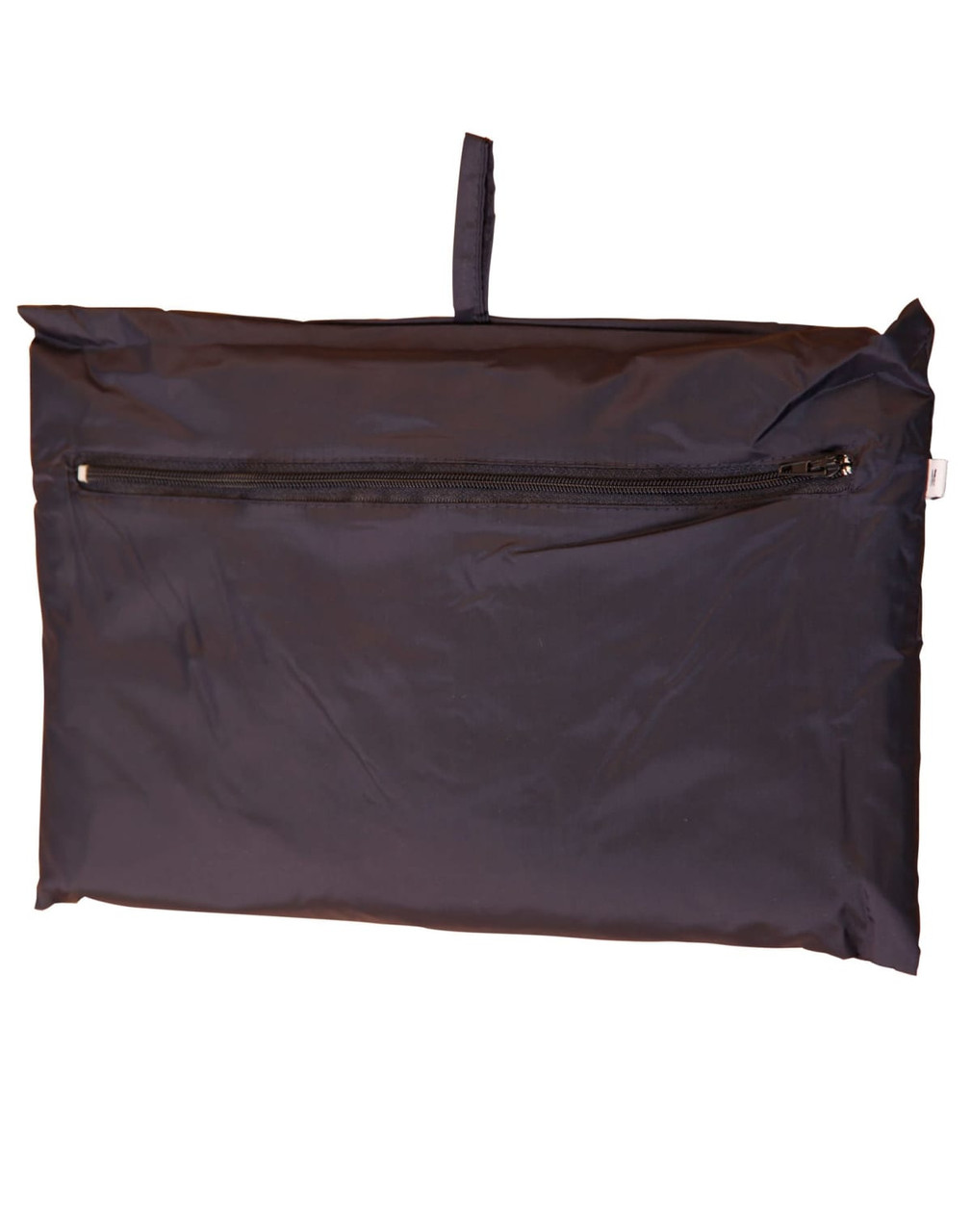 A black spray jacket for kids, featuring a zippered pocket and a hanging loop for storage.