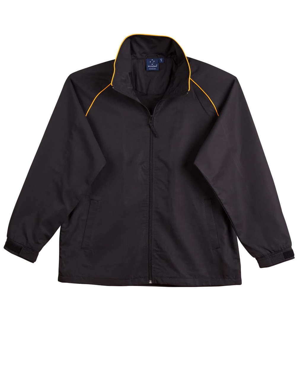 A black track jacket with yellow piping, featuring a zip front and side pockets. It has a branded logo.
