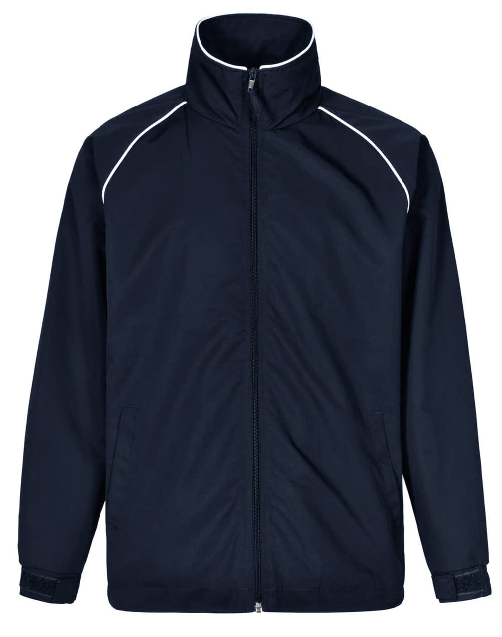 A navy track jacket featuring a high collar, zip front, and contrast piping. It has side pockets and a branded logo.