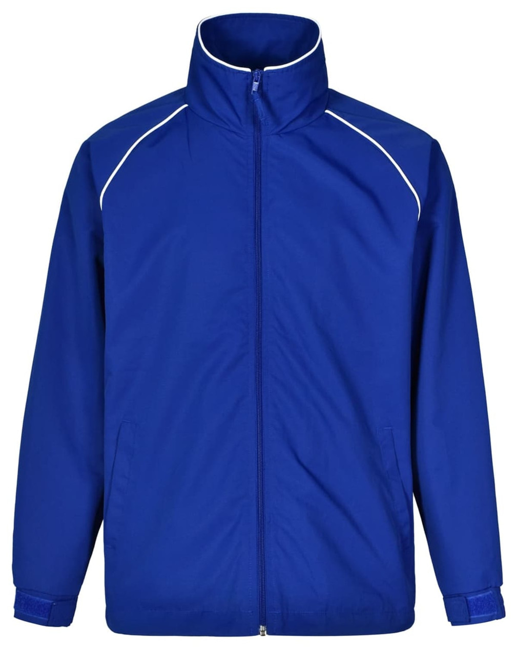 A blue track jacket with white accents and a high collar. It features a zip front and has a logo.