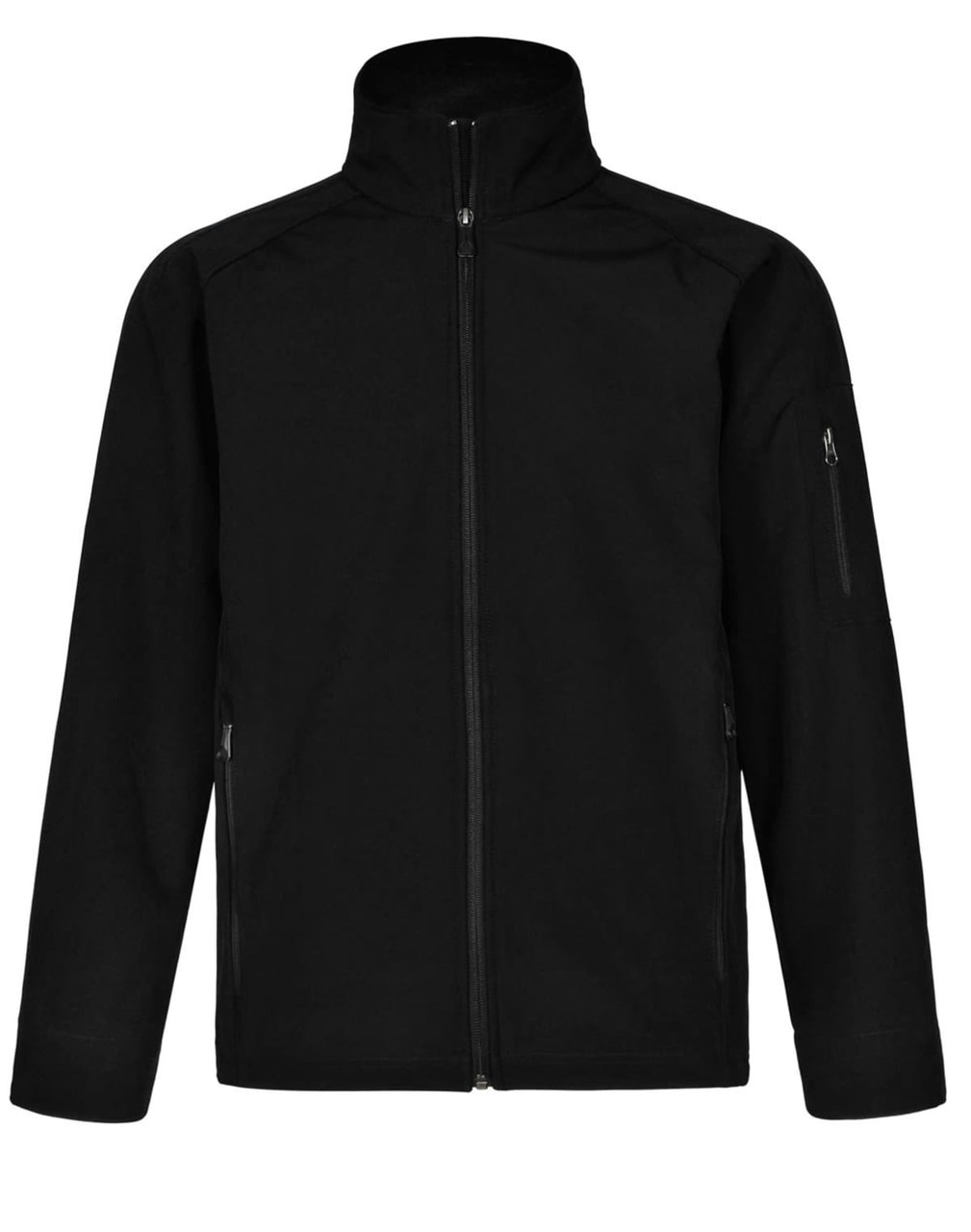 A black men's softshell high-tech jacket with a zip front and a side zip pocket, featuring a logo on the sleeve.
