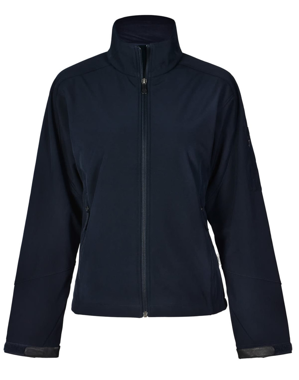 A navy softshell jacket with a high collar and zip closure, featuring side pockets and a logo on the sleeve.
