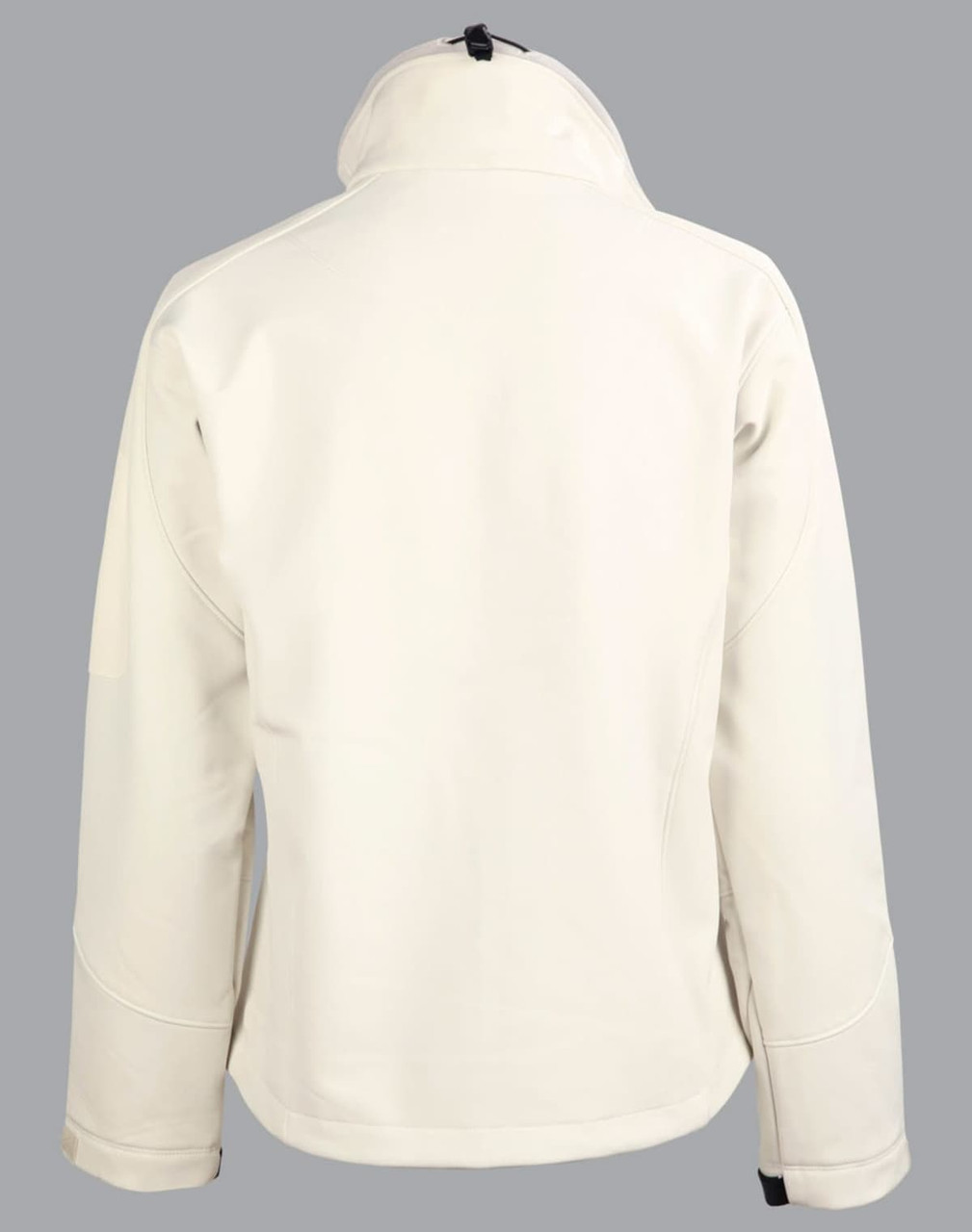 A softshell jacket in cream, featuring a high collar and a logo on the back. Classic and stylish design.