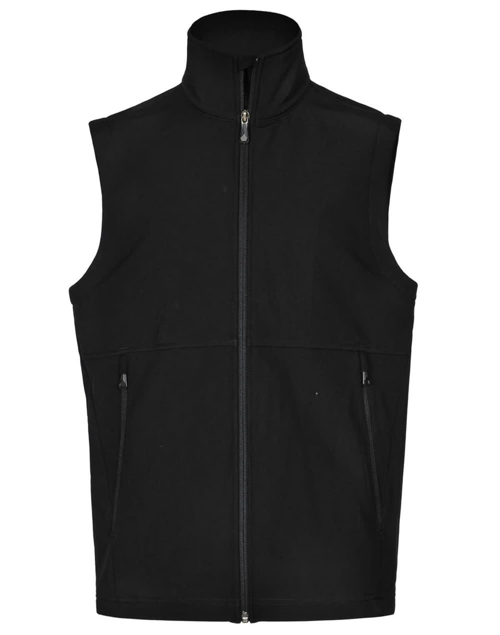 A black men's softshell hi-tech vest featuring a zip front and two side pockets, with a logo on it.