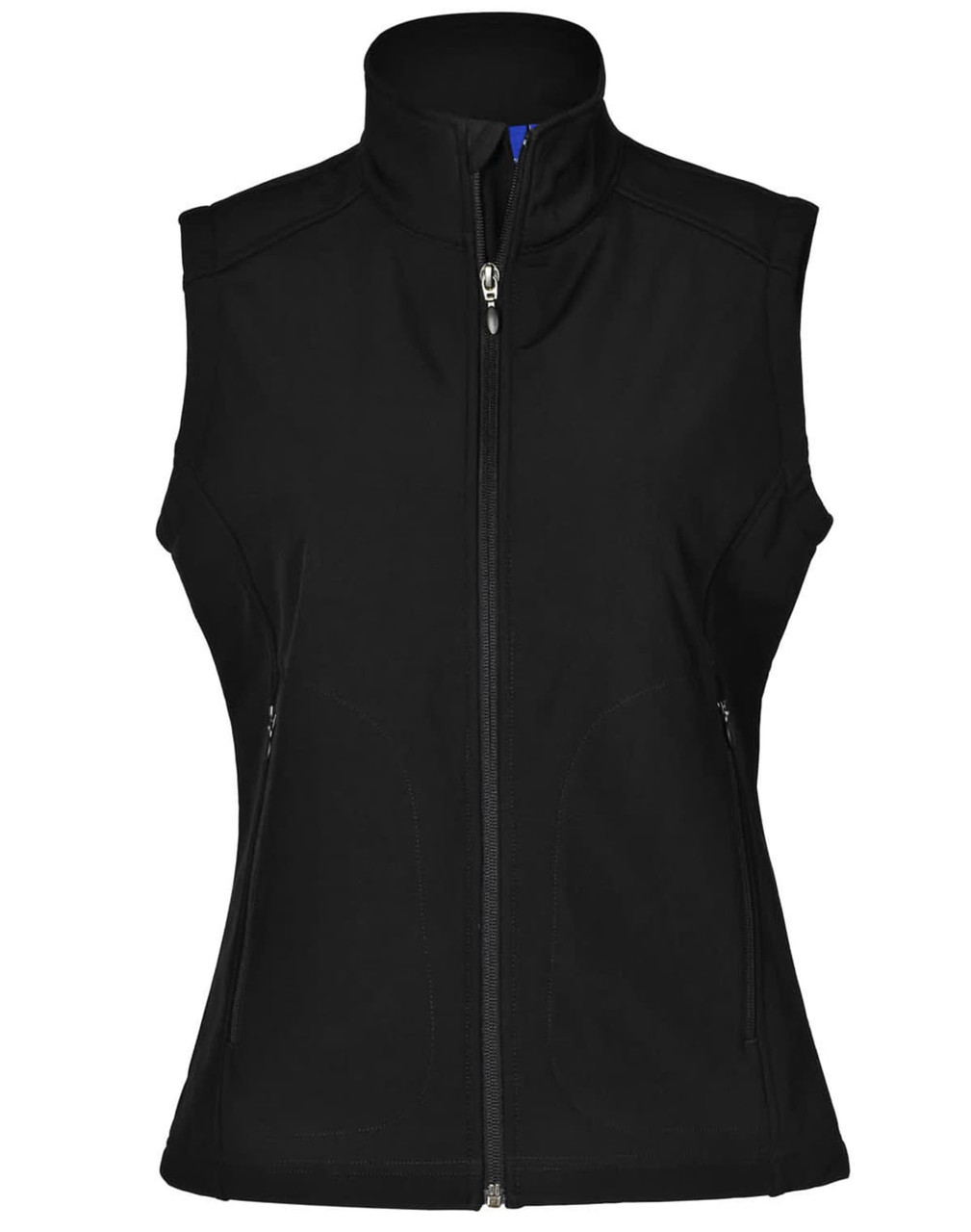A black softshell hi-tech vest featuring a zip front and two side pockets, with a collar and a logo.