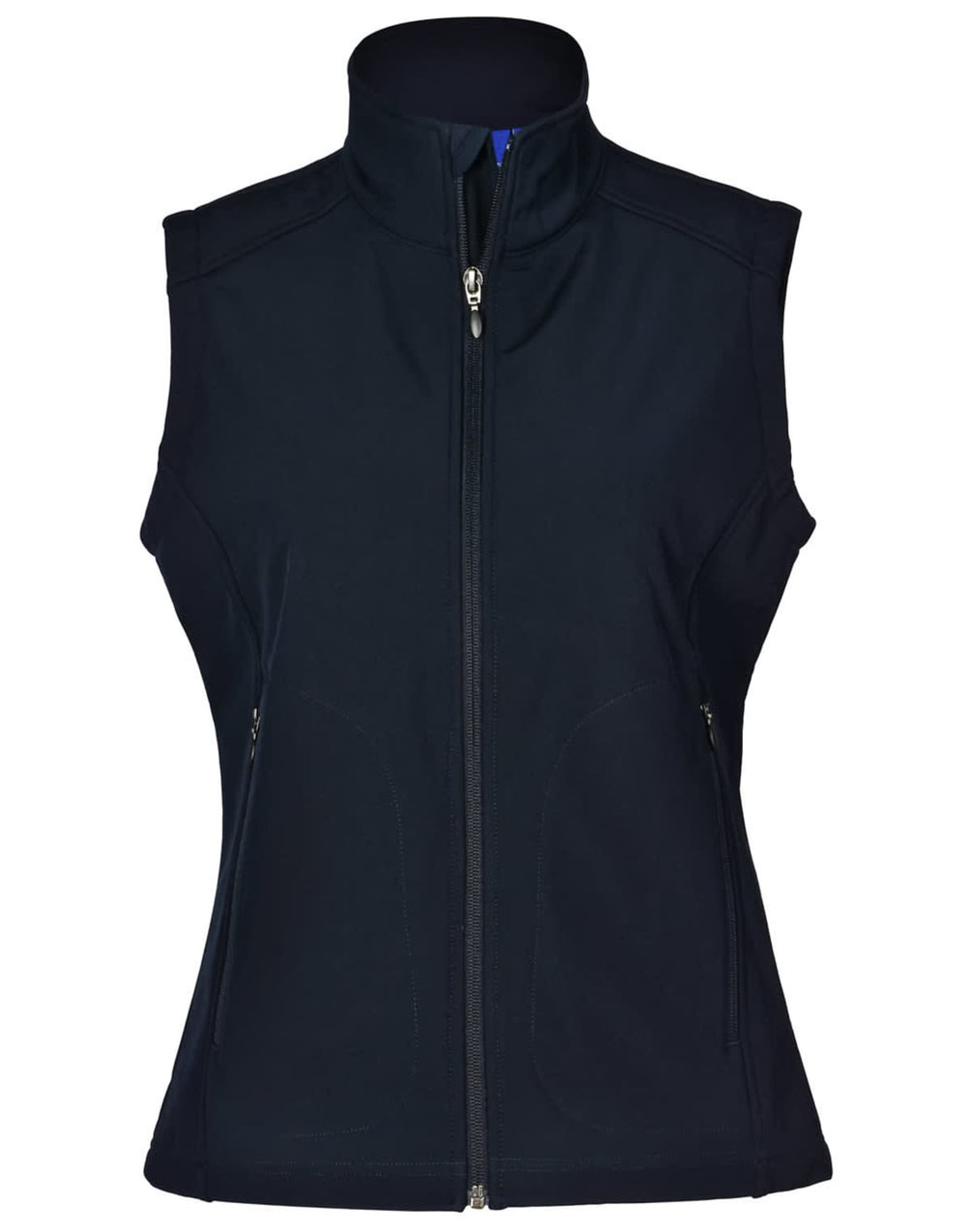 A ladies' softshell hi-tech vest in black, featuring a zip front and side pockets. Includes a brand logo.