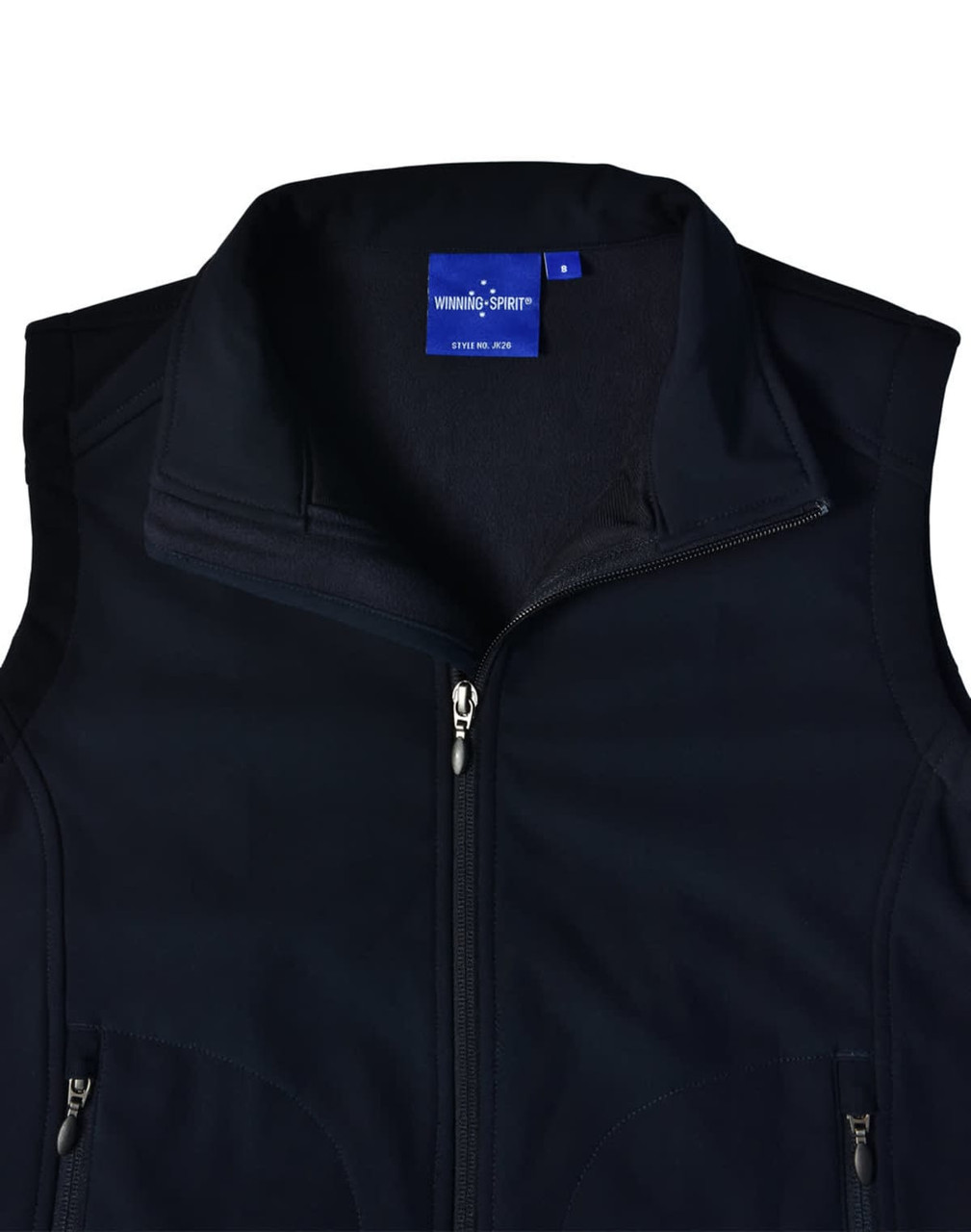 A black, softshell vest featuring a zippered front and a collar. It has a branding label inside.