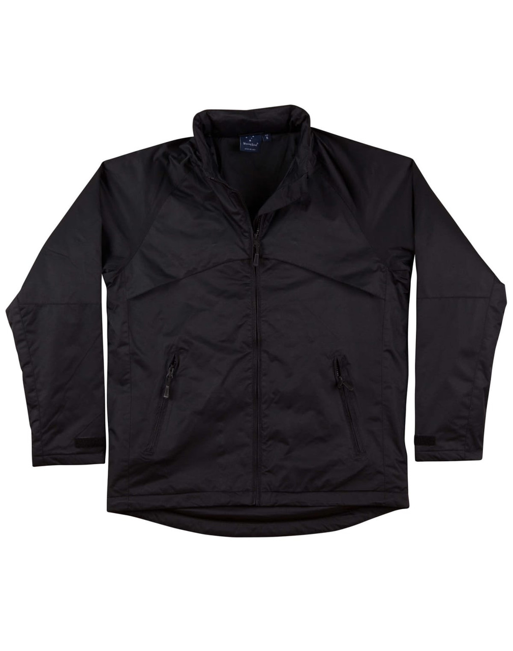 A black men's chalet jacket with a zip front, featuring two side pockets and a logo.