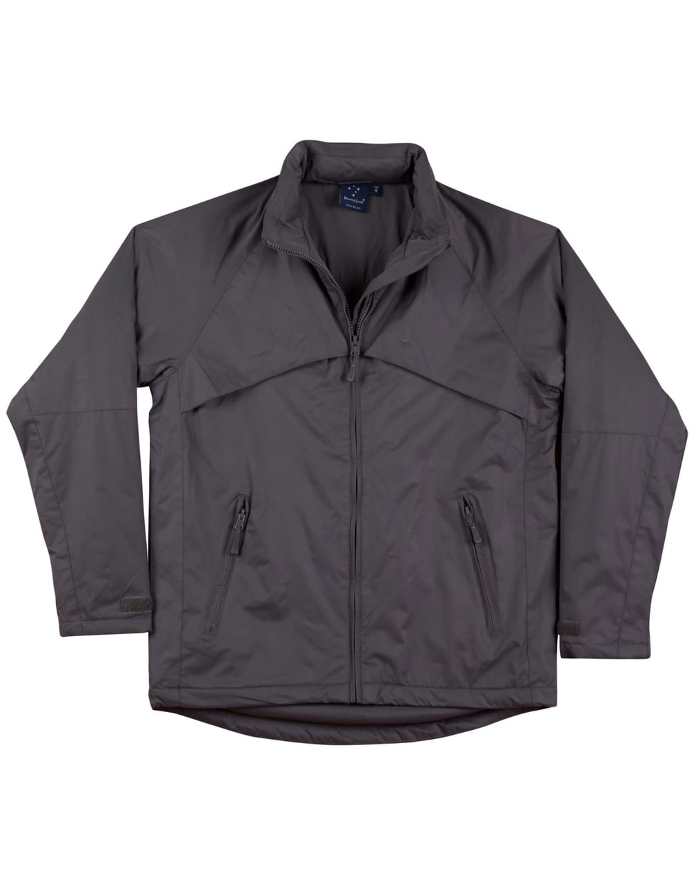 A grey men's chalet jacket featuring a zip closure and two front pockets, with a branded logo on the collar.