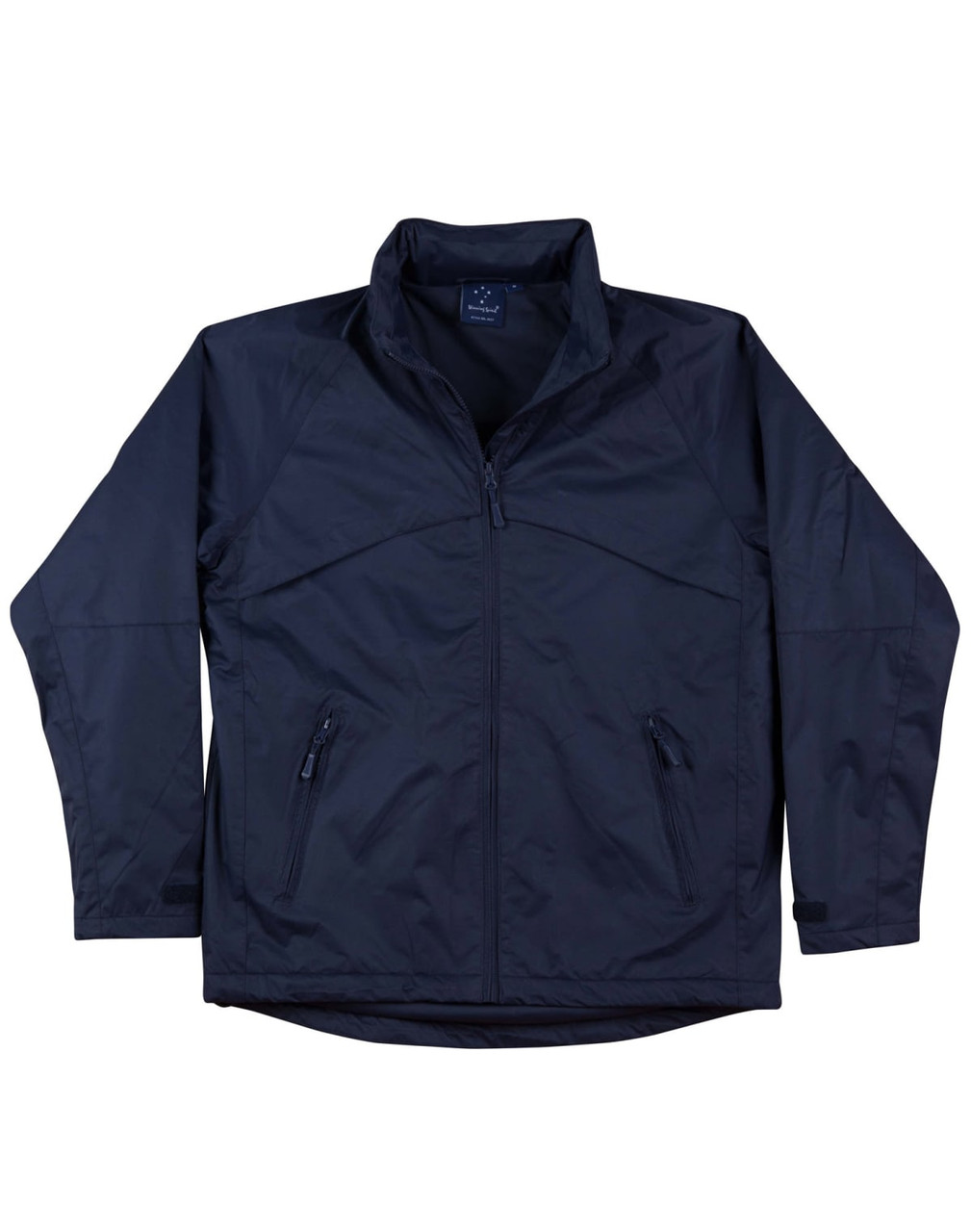 A navy blue men's jacket with a zip front, two side pockets, and a collar. It features a logo on the upper left.