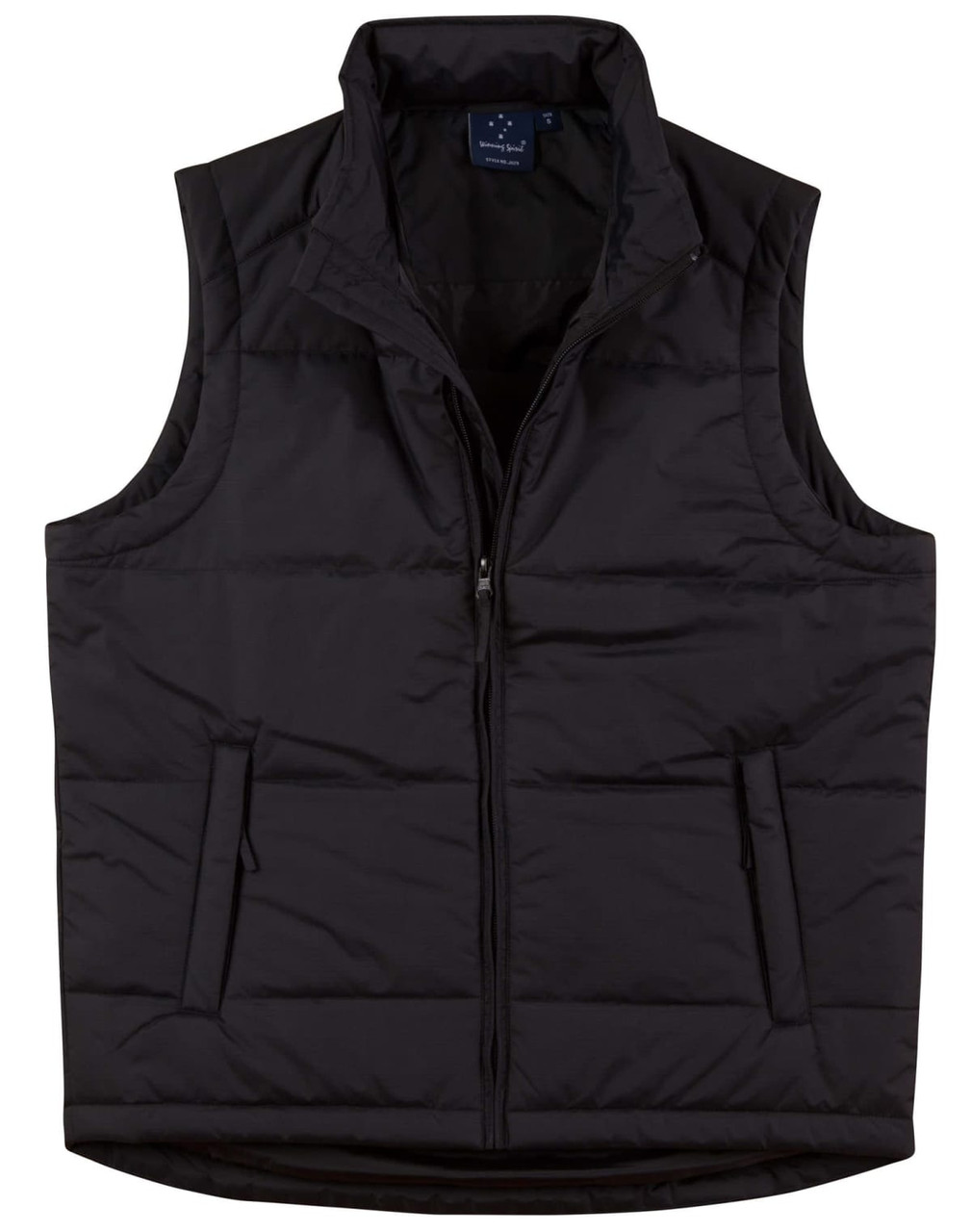 A black nylon rip-stop padded vest featuring a zip front and two front pockets. It has a branding label inside.