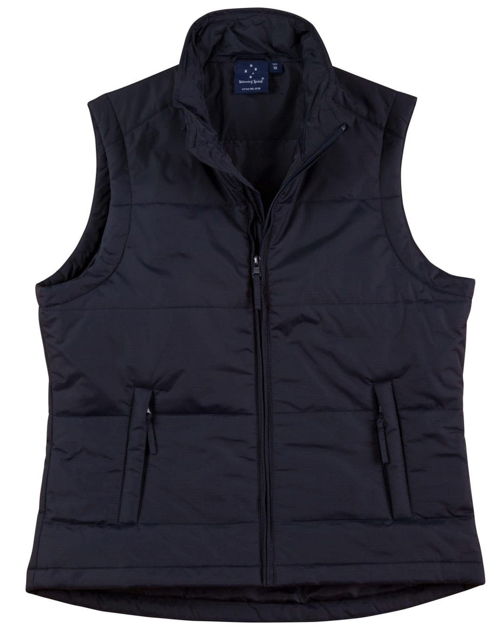 A black nylon rip-stop padded vest with a zipper and two front pockets. It features a collar and has a logo.