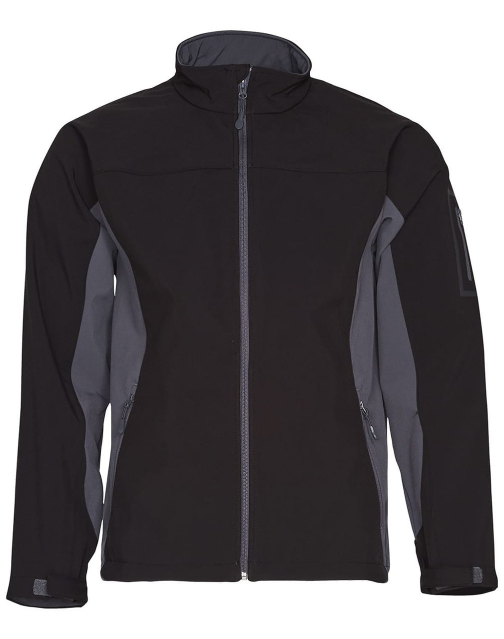 A men's softshell jacket in black with grey contrast panels, featuring a zip closure and side pockets.