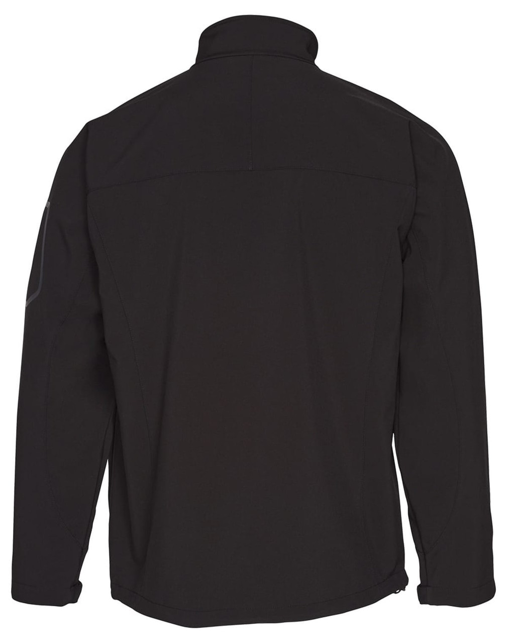 A black softshell jacket featuring a high collar and a logo on the sleeve. The back view displays a sleek design.