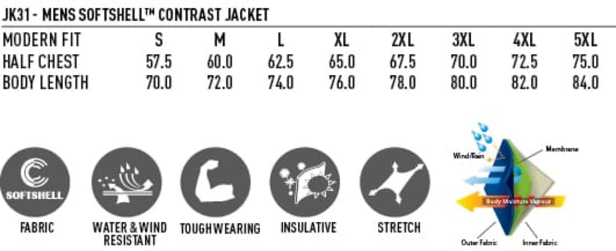 Men's WHISTLER softshell contrast jacket in varying sizes, features water and wind resistance, insulation, and stretch.