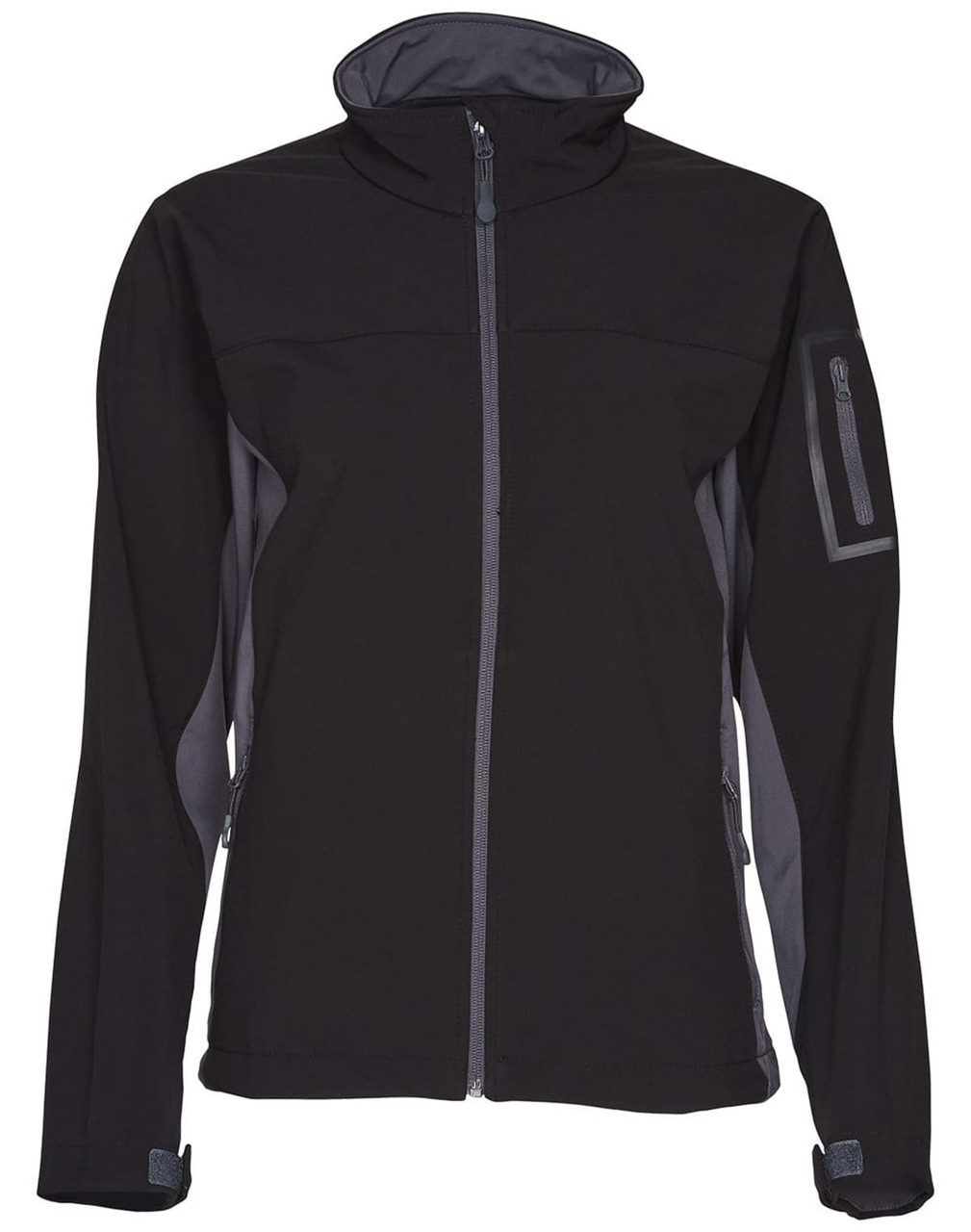 A black and grey softshell jacket with a zippered front, featuring a logo on the sleeve and a high collar.